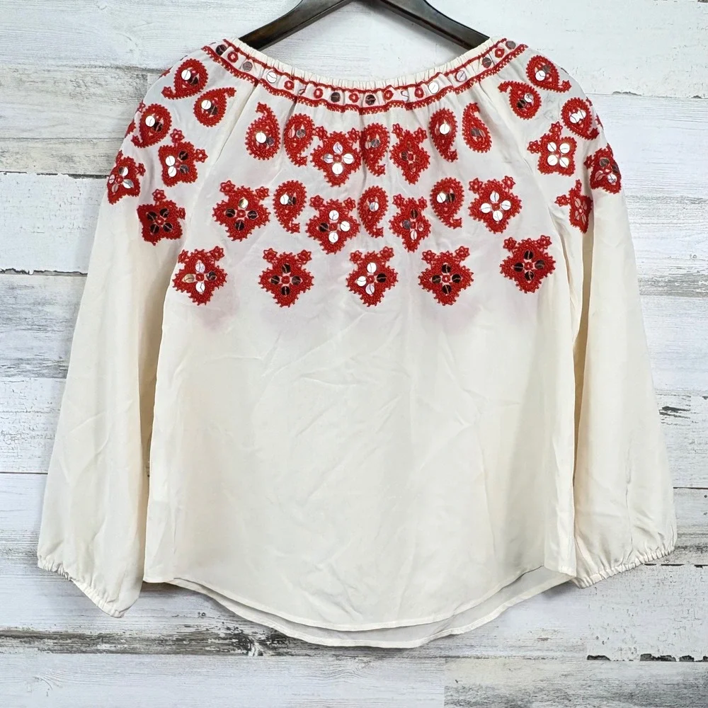 Tory Burch Leyla Blouse 0 Ivory Red Silk Embroidered Mirror Peasant Boho ***READ